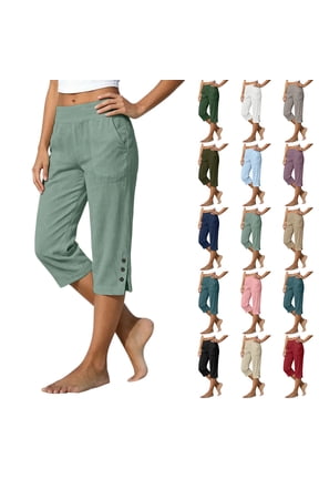 Capris Pants for Women Split Button Elastic Waist Cotton Linen Capris Summer Casual Pedal Pushers with Pockets