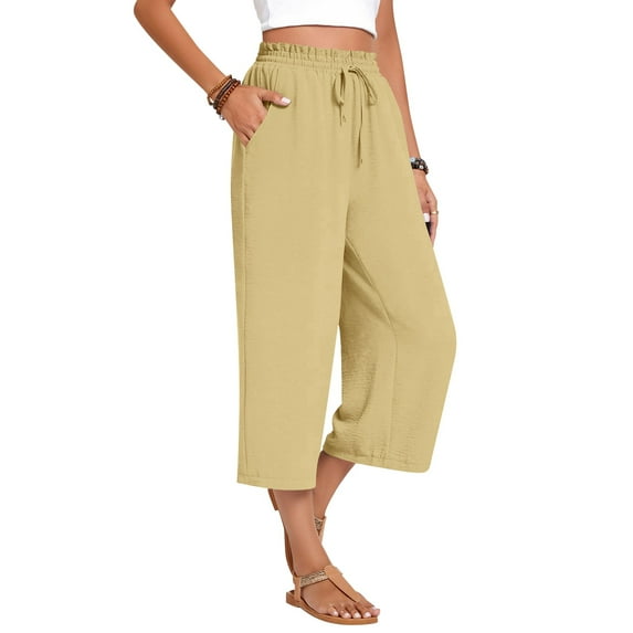 Capris Pants for Women Summer Casual Loose Drawstring Elastic High Waist Straight 2026 Lounge Beach Cropped Trousers 20" 21" 22" Inseam Khaki 2XL