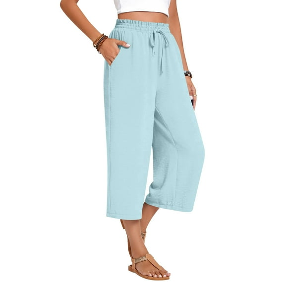 Capris Pants for Women Summer Casual Loose Drawstring Elastic High Waist Straight 2026 Lounge Beach Cropped Trousers 20" 21" 22" Inseam Sky Blue 2XL