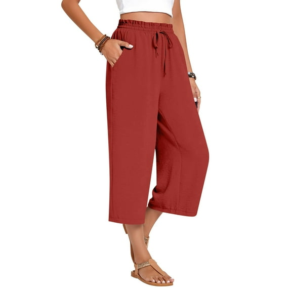 Capris Pants for Women Summer Casual Loose Drawstring Elastic High Waist Straight 2026 Lounge Beach Cropped Trousers 20" 21" 22" Inseam Vermilion M