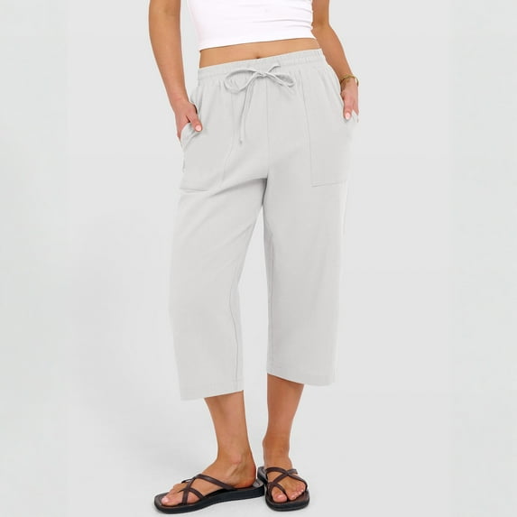 Capris Pants for Women Summer Casual Loose Drawstring Elastic High Waist Straight 2026 Lounge Beach Cropped Trousers White S