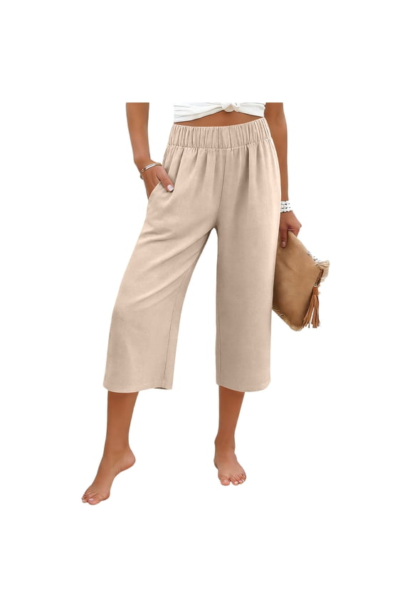 Capris Pants for Women Summer Casual Loose Elastic High Waist Straight 2026 Lounge Beach Cropped Trousers Khaki M