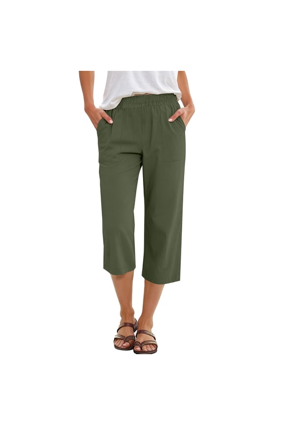 Capris Pants for Women Summer Casual Loose Elastic Straight 2026 Lounge Beach Cropped Trousers Army Green S