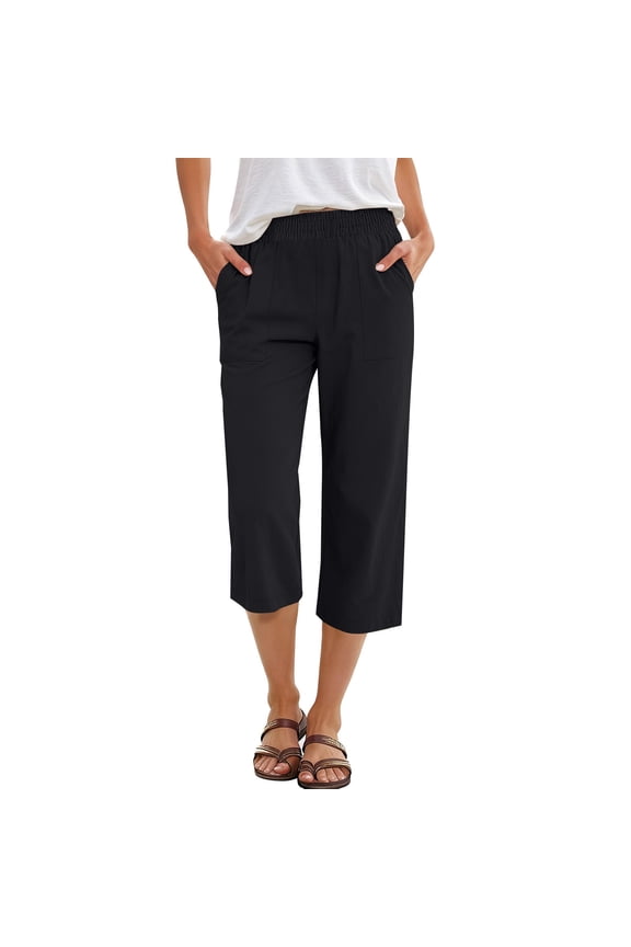 Capris Pants for Women Summer Casual Loose Elastic Straight 2026 Lounge Beach Cropped Trousers Black S