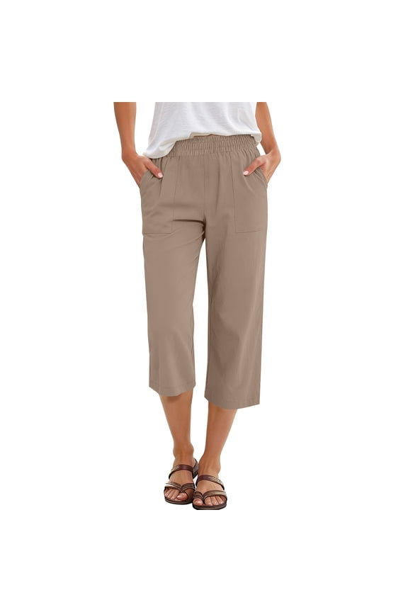 Capris Pants for Women Summer Casual Loose Elastic Straight 2026 Lounge Beach Cropped Trousers Coffee S