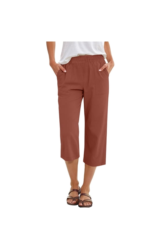 Capris Pants for Women Summer Casual Loose Elastic Straight 2026 Lounge Beach Cropped Trousers Ginger S