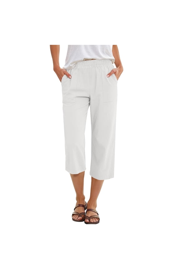 Capris Pants for Women Summer Casual Loose Elastic Straight 2026 Lounge Beach Cropped Trousers White S