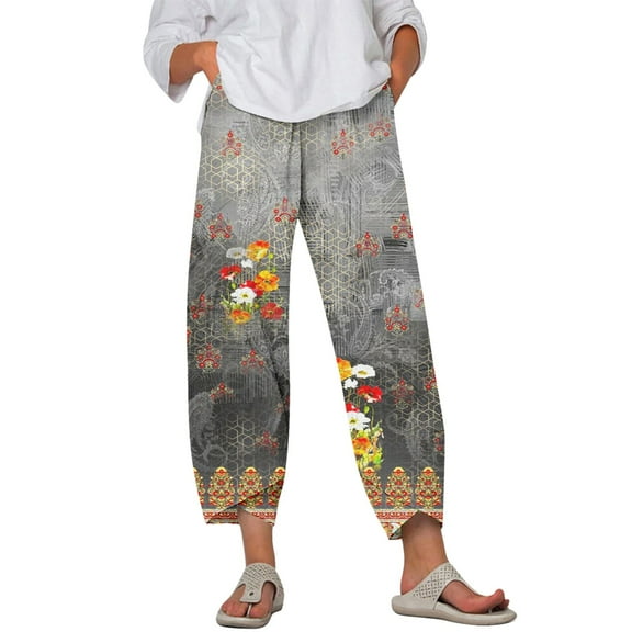 Capris Pants for Women Summer Trendy Printed Comfortable with Pockets Womens Flowy Pants Dark Gray L