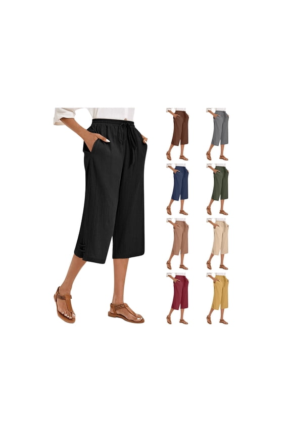 Capris Pants for Women Summer Wide Leg Casual Pants Straight Elastic Waist Cropped Trouser Vacation Beach Clothing