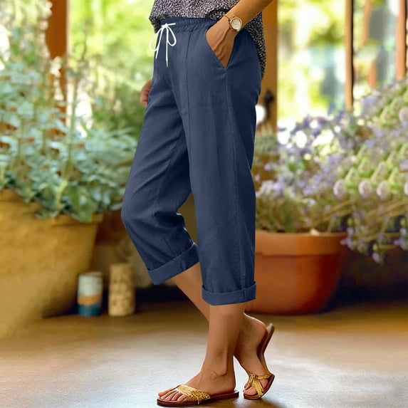 Capris Pants for Women, Titcea Elastic Waisted Drawstring Solid Color Straight Linen Pants Summer Casual Capris with Pockets