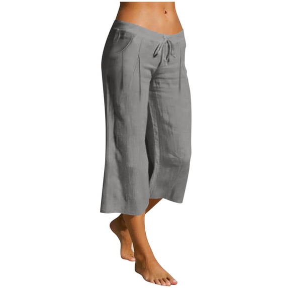 Capris Pants for Women Wide Leg Lightweight Casual Travel Beach Drawstring Cropped Pants with Pockets