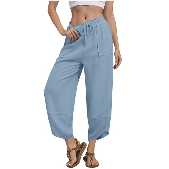 Capris Pants for Women, Women'S Solid Color Baggy Wide-Leg Pants Casual Elastic-Waistband Pocket Pants Women High Waisted Pants (Light Blue,XL)