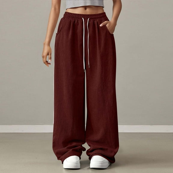 Capris Pants for Women, Women Solid Color Elastic Waist Sports Casual Pants With Side Pockets Women High Waisted Pants (Wine,L)