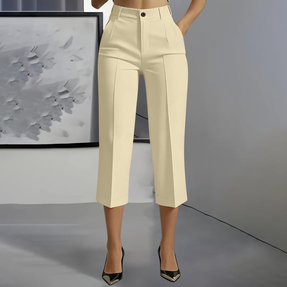 Capris Pants for Women Womens Office Capris Pants Dressy Casual Elegant Button Front Straight Leg Pleated Cropped Trousers for Work Khaki M