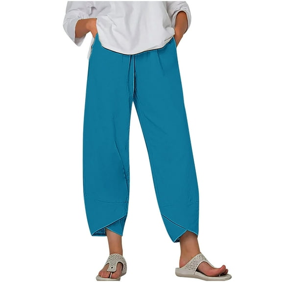 ZQUUVOU Capris Pants for Womens Cotton Linen Wide Leg Plus Size Cropped Pants Print Comfy Elastic Waist Sweatpants B-Blue