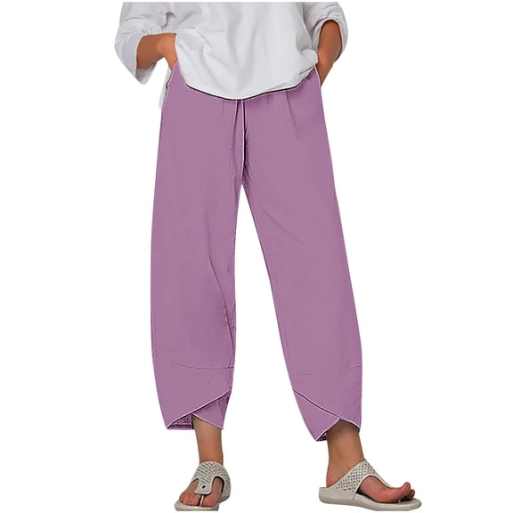ZQUUVOU Capris Pants for Womens Cotton Linen Wide Leg Plus Size Cropped Pants Print Comfy Elastic Waist Sweatpants C-Purple