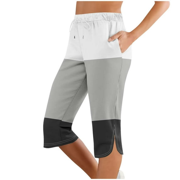 Capris for Seniors，Summer Womens Athletic Capris Pants Side Split Color Block Capri Pants Lace-Up Elastic Waist Pants Hip Lift Tummy Control Yoga Leggings Workout Gym Clothes