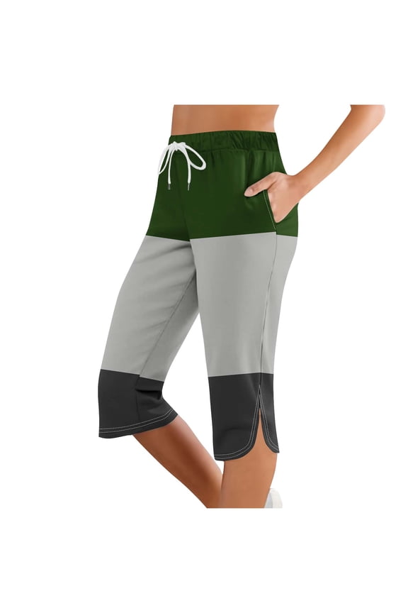 Capris for Seniors,Summer Womens Athletic Capris Pants Side Split Color Block Capri Pants Lace-Up Elastic Waist Pants Hip Lift Tummy Control Yoga Leggings Workout Gym Clothes