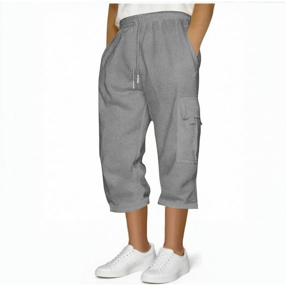 Capris Sweatpants for Men with Pockets Straight Leg Cropped Cargo Pants Drawstring Elastic Waist Solid Color Breathable Athletic Workout Trousers Pant