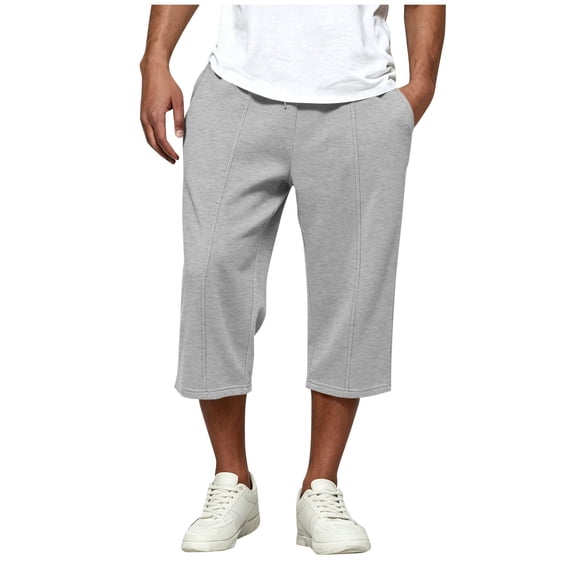 Capris Sweatpants for Men Wide Leg Drawstring Below Knee Shorts Gray Crooped Pants with Pockets Size S