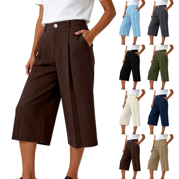 Capris for Women Casual New Women’s Capri Pants with Pockets High Waisted Pleated Wide Leg Dressy Capris Summer Business Casual Work Crop Pants Brown S
