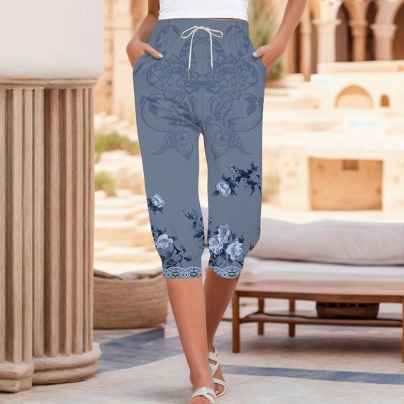 Capris For Women Casual Print Pants High Waist Bottom Drawstring Joggers Casual Pants Womens Casual Plaid Leggings Stretchy Work Pants Womens plus Size Casual Pants Womens Paper Bag Pants Casual Women