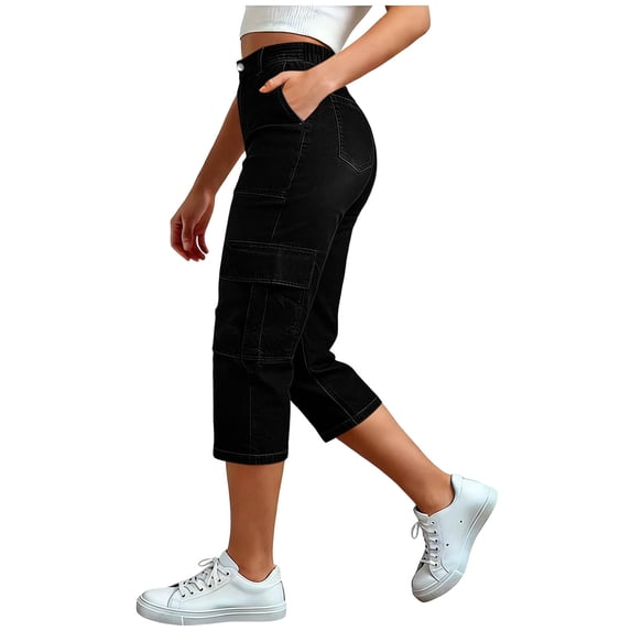 Capris for Women with Pockets New Cargo Capri Jean for Women, High Waisted 6 Pockets Stretchy Wide Leg Denim Capris, Loose Fits Outdoor Hiking Cropped Pants Black S