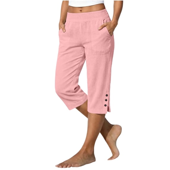 Capris for Women With Pockets Side Split Button Hem Pants With Drawstring With Pockets Linen Blend Loose Fit High Waisted Womens Pants Pull On Pants Palazzo Crop Pants Beachwear Summer Capris