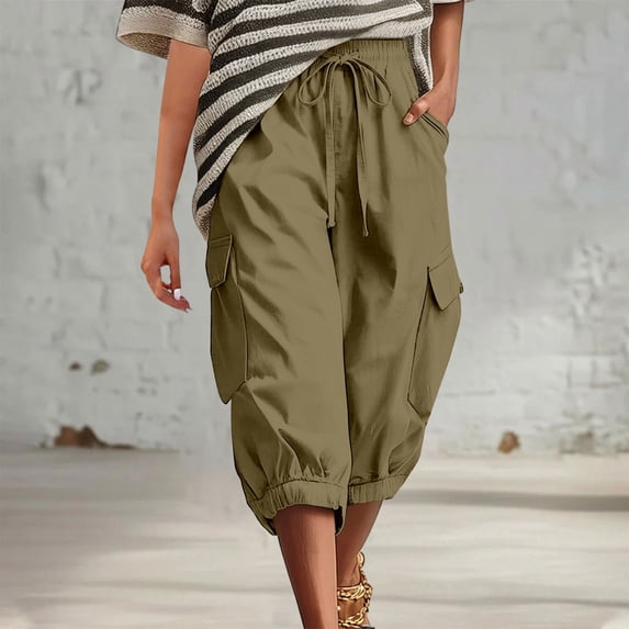 Capris for Women with Pockets Wide Leg Cargo Pants High Elastic Waist Hiking Travel Ladies Baggy Trousers Drawstring Loose Fit Casual Lounge Yoga Workout Palazzo Sweatpants Outdoor Golf Jogger Green