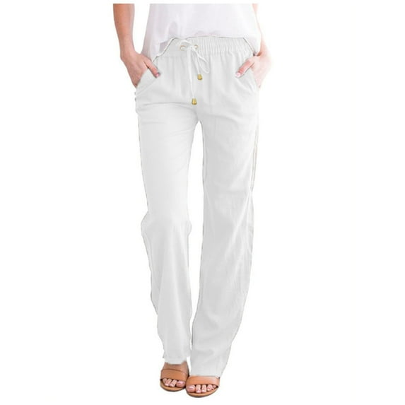 Capris for Women And Straight Solid Elastic Pants Long Drawstring Linen Women Waist Casual Pants plus Size Stretch Tall Tall Size Pajama Womens Flare Stretchy for Womens Elastic Work White XL