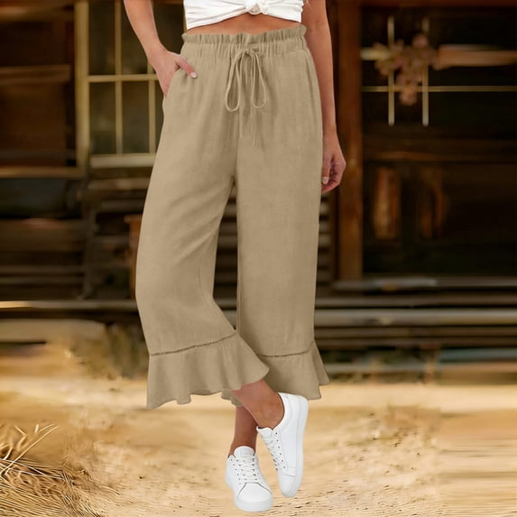Capris for Women Summer Solid Color Wide Leg Drawstring Elastic Waist Cropped Pants with Ruffled Lace Trim and Pockets for A Feminine Detail Jean Capris for Women