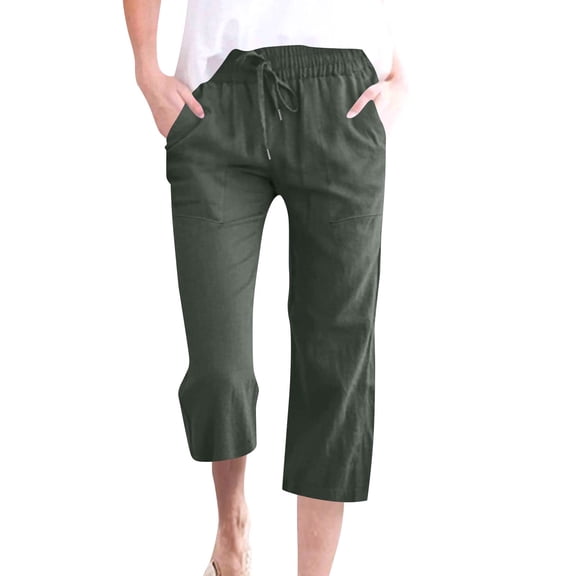 Capris Womens Cotton Linen Knee Length Elastic Waist Drawstring Bermuda Shorts Casual Beach Shorts with Pockets, Army Green 20" Inseam M