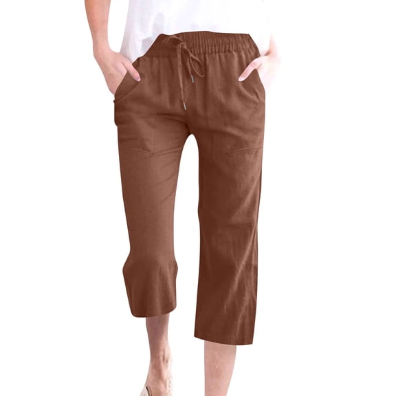 Capris Womens Cotton Linen Knee Length Elastic Waist Drawstring Bermuda Shorts Casual Beach Shorts with Pockets, Coffee 21" Inseam XL