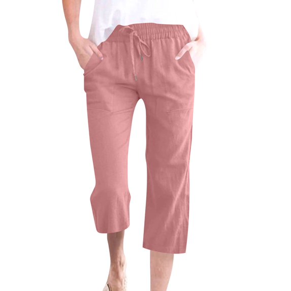 Capris Womens Cotton Linen Knee Length Elastic Waist Drawstring Bermuda Shorts Casual Beach Shorts with Pockets, Watermelon Red 21" Inseam 2XL