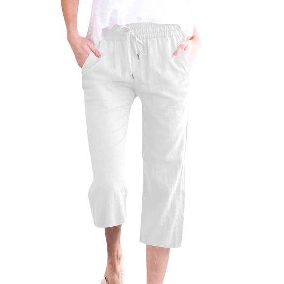 Capris Womens Cotton Linen Knee Length Elastic Waist Drawstring Bermuda Shorts Casual Beach Shorts with Pockets, White 21" Inseam XL