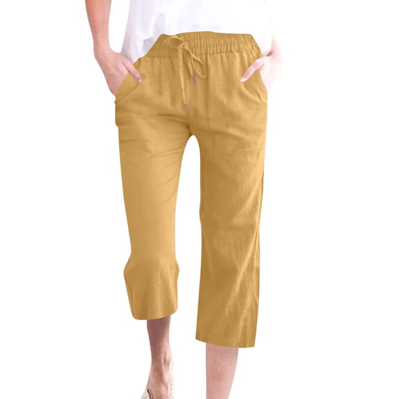 Capris Womens Cotton Linen Knee Length Elastic Waist Drawstring Bermuda Shorts Casual Beach Shorts with Pockets, Yellow 21" Inseam 2XL