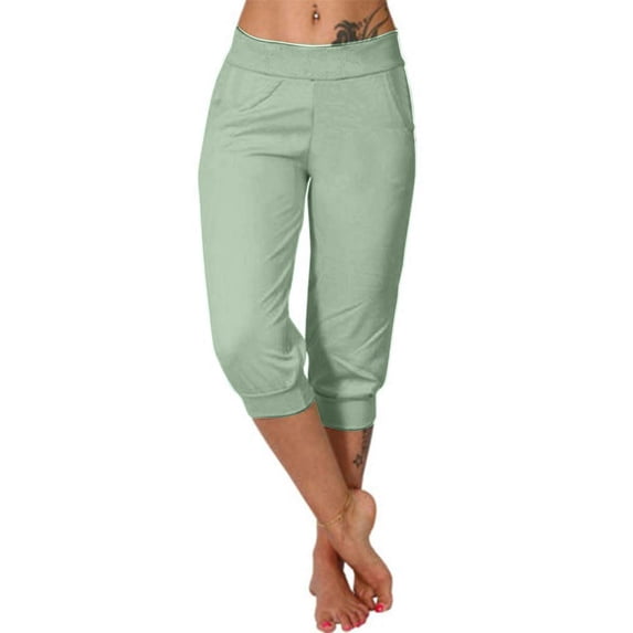 Capris for Women Bermuda Knee Length Drawstring Elastic Waist Shorts Casual Summer Pants with Pockets Mint Green M