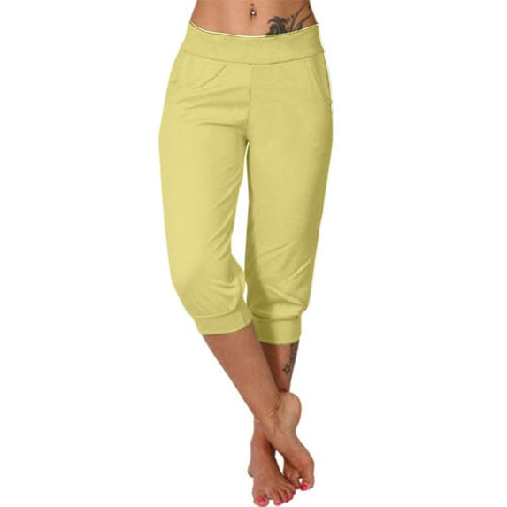 Capris for Women Bermuda Knee Length Drawstring Elastic Waist Shorts Casual Summer Pants with Pockets Yellow XL