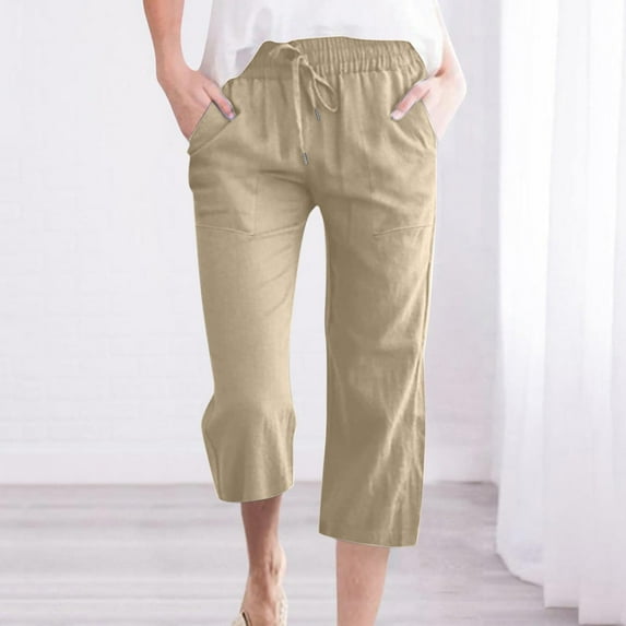 FAVIPT Women Cotton Linen Cropped Pants Summer Casual Wide Leg Trousers Loose Drawstring Elastic Waist Capris Khaki,M