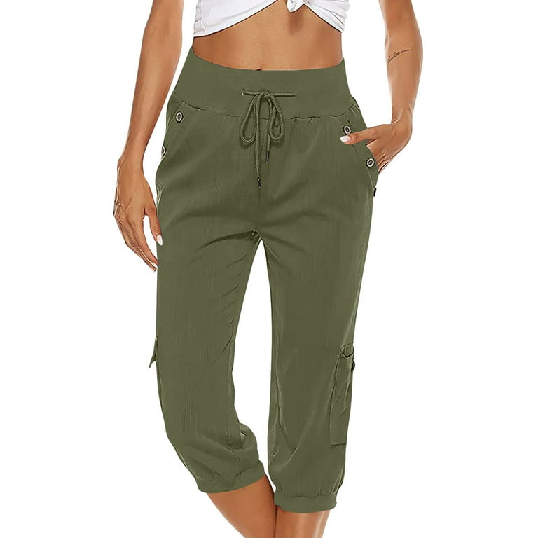 Capris for Women Casual Summer Cargo Crop Pants Loose Comfy Drawstring Yoga Jogger Capri Pants with Pockets Army Green 2XL