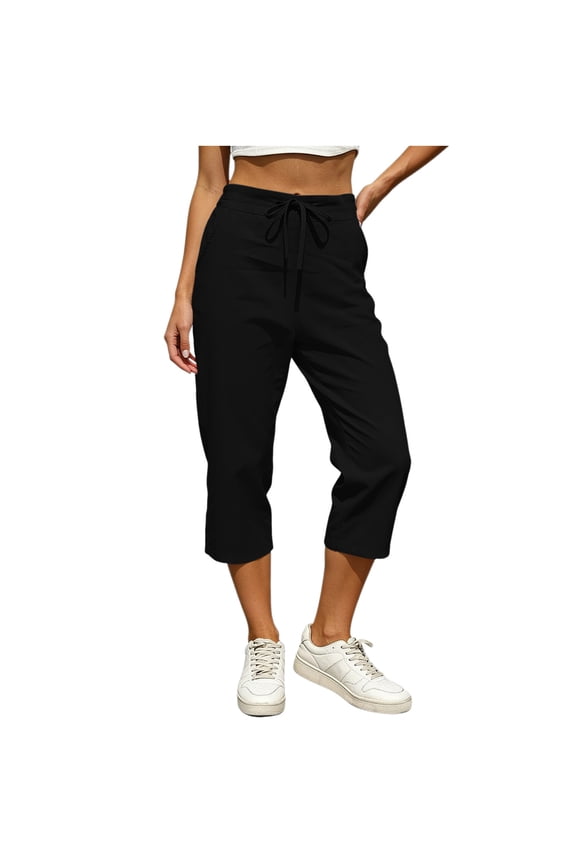 Capris for Women Casual Summer Cotton Linen Pants Loose Comfy Lightweight Hiking Crop Pants with Pockets