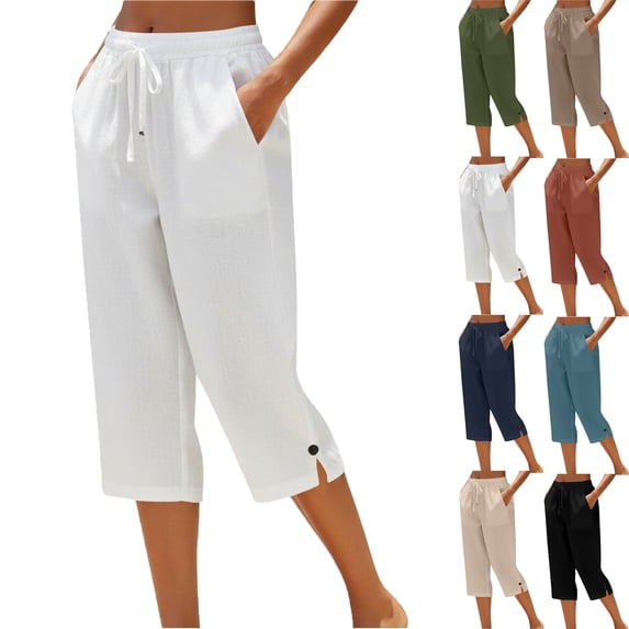 Capris for Women Casual Summer Straight Leg Crop Pants Loose Comfortable Drawstring Yoga Capris Pants with Pockets Women's Linen Loose Pants