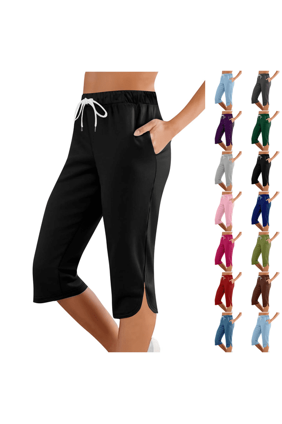 Capris for Women Casual Summer Wide Leg Crop Pants Petite Pull On Loose Comfy Drawstring Yoga Jogger Capri Pants with Pockets Black S