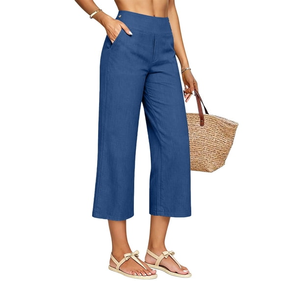 Capris for Women Cotton Linen High Waisted Pants Dressy Casual Pants with Pockets
