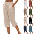 thumbnail image 1 of Capris for Women Drawstring Elastic Waist Straight Leg Cropped Pants Summer Casual Loose Fit Beach Slacks with Pockets Khaki L, 1 of 8