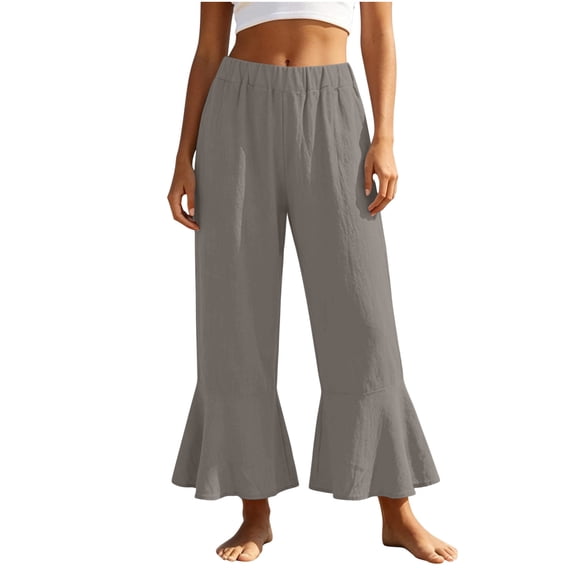 Capris for Women Elastic Waist New Linen Capri Pants for Women Summer Casual Wide Leg Drawstring Elastic Waist Ruffle Hem Capris with Pockets Gray S