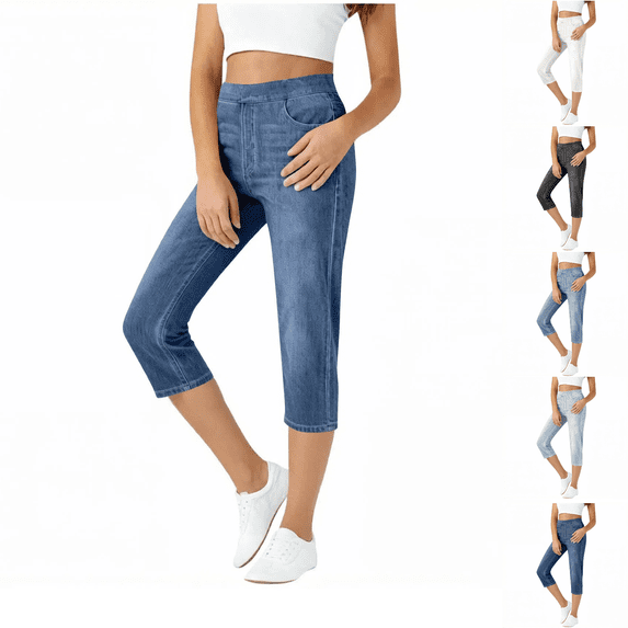 Capris for Women Fashion Solid Color Elastic Waist Pockets Capri False Jeans Stretchy Women's Comfy Pull-On Denim Capris Pants for Casual Daily Wear