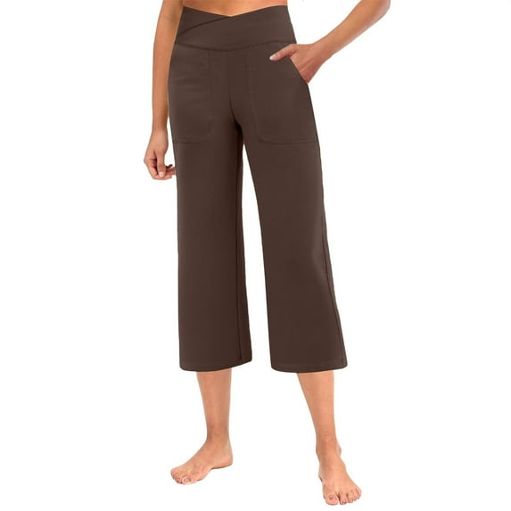 Capris for Women Petite Wide Leg Soft Pull on Cropped Pants Tummy Control Crossover Breathable Summer Gaucho Pants with Pockets Brown XL