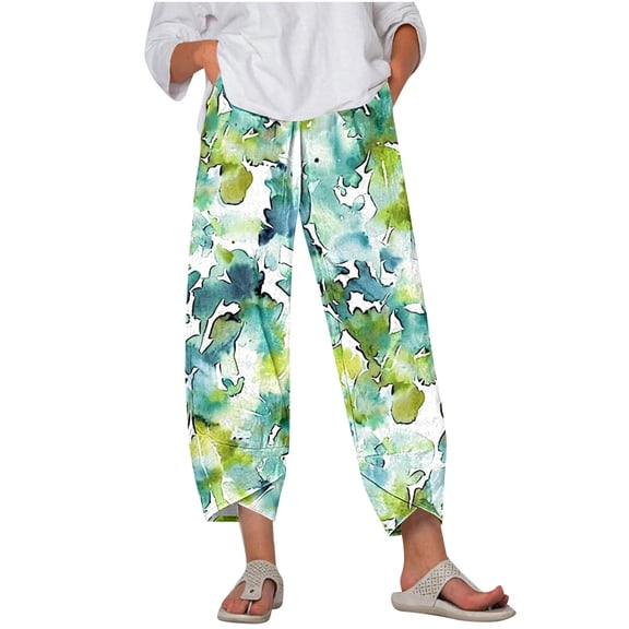 Capris for Women Plus Size Casual Floral Print Harem Leg Capri Pants with Pocket Loose Pull on Summer Fashion Trousers, White, XXXXL