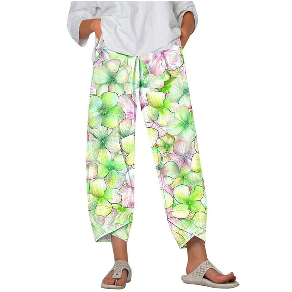 Capris for Women Plus Size Casual Floral Print Harem Leg Capri Pants with Pocket Loose Pull on Summer Fashion Trousers, White, XXXXL